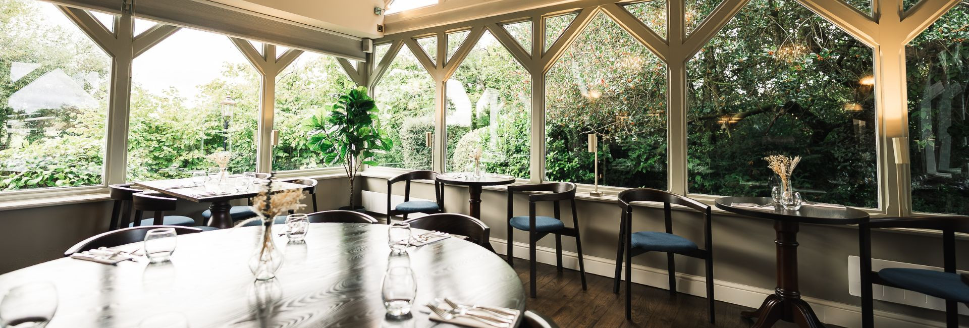 Bright restaurant interior with wooden floors, dark tables, and blue chairs beside tall windows overlooking lush garden greenery and leafy trees.